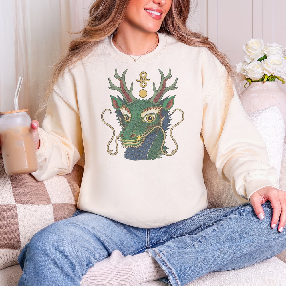 용 Korean Dragon Rising with Antlers and Gold Circle Sweatshirt